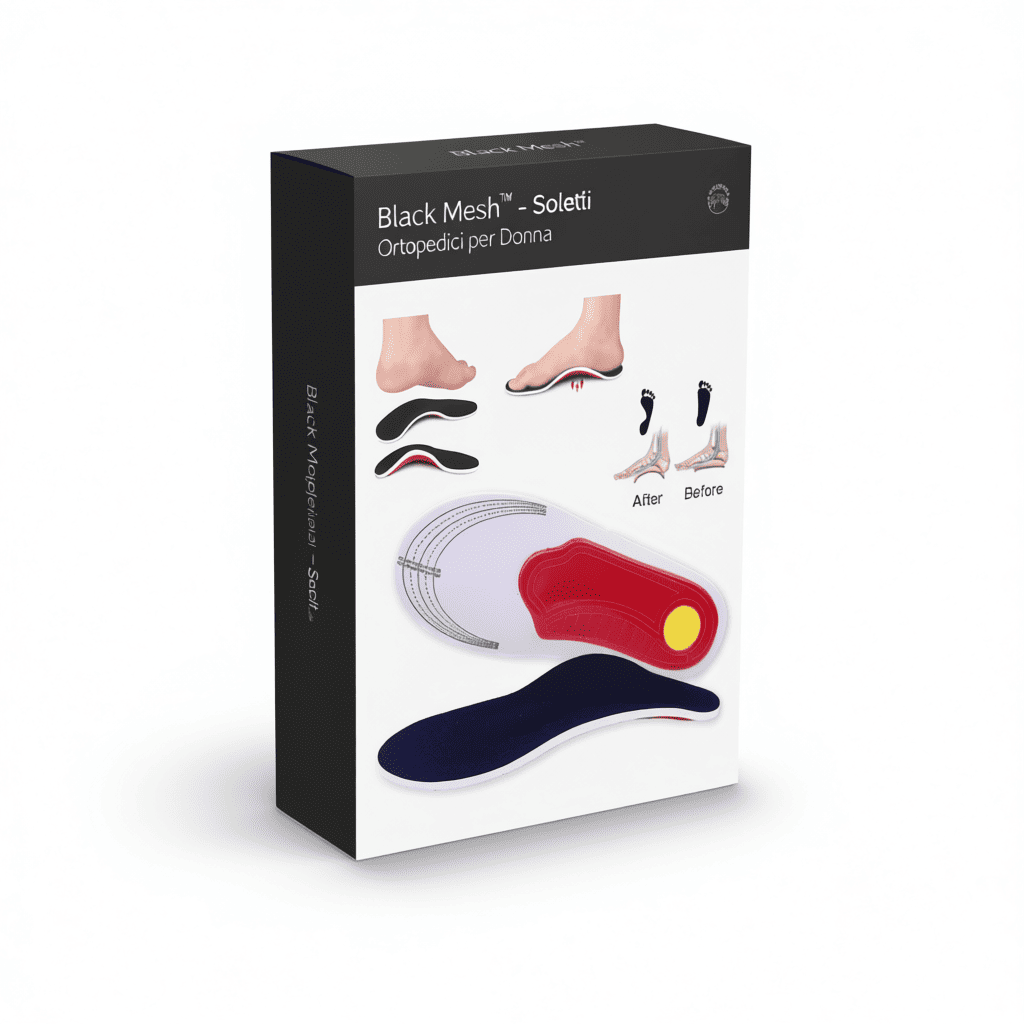 Soletti ortopedici donna Black Mesh, supporto arco plantare, traspiranti, anti-dolore, migliorano postura e comfort quotidiano